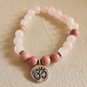 Handmade Rose Quartz & Pink Stone Round Beads Bracelet with Ohm Charm